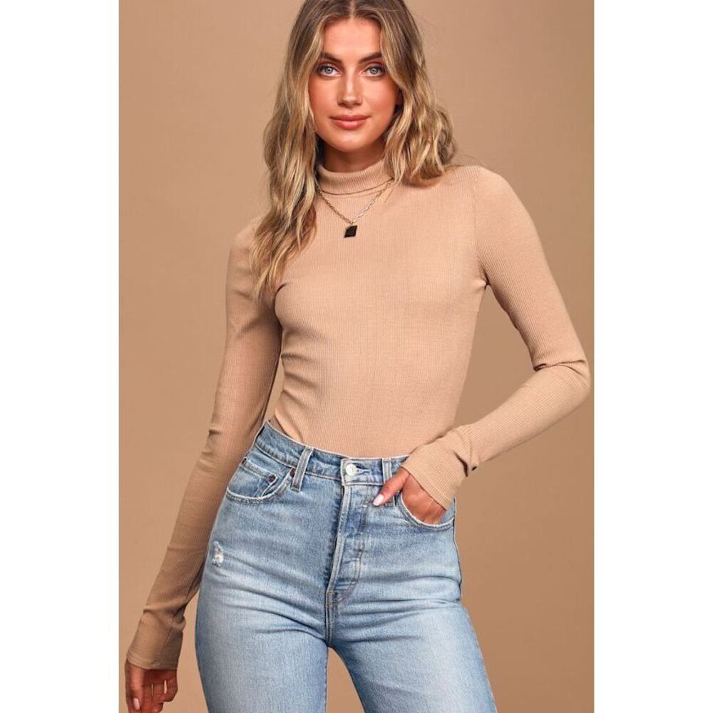 Lulus Basics Wilde Beige Ribbed Long Sleeve Mock Neck Bodysuit - Size S